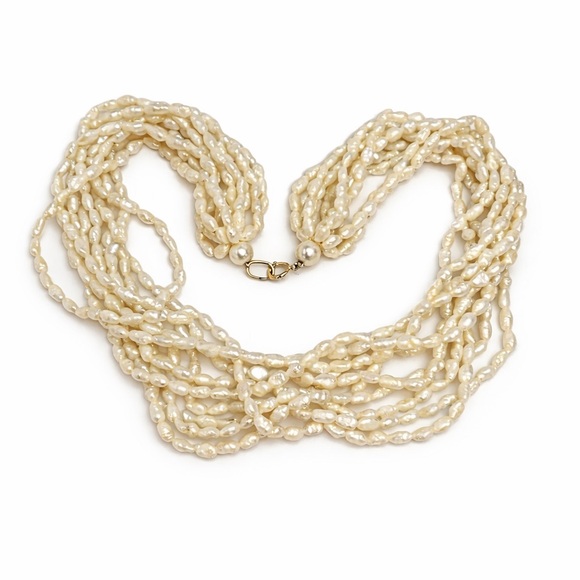 14K Gold Clasp Multi Strand Freshwater Pearl Necklace Vintage Statement - Picture 2 of 4